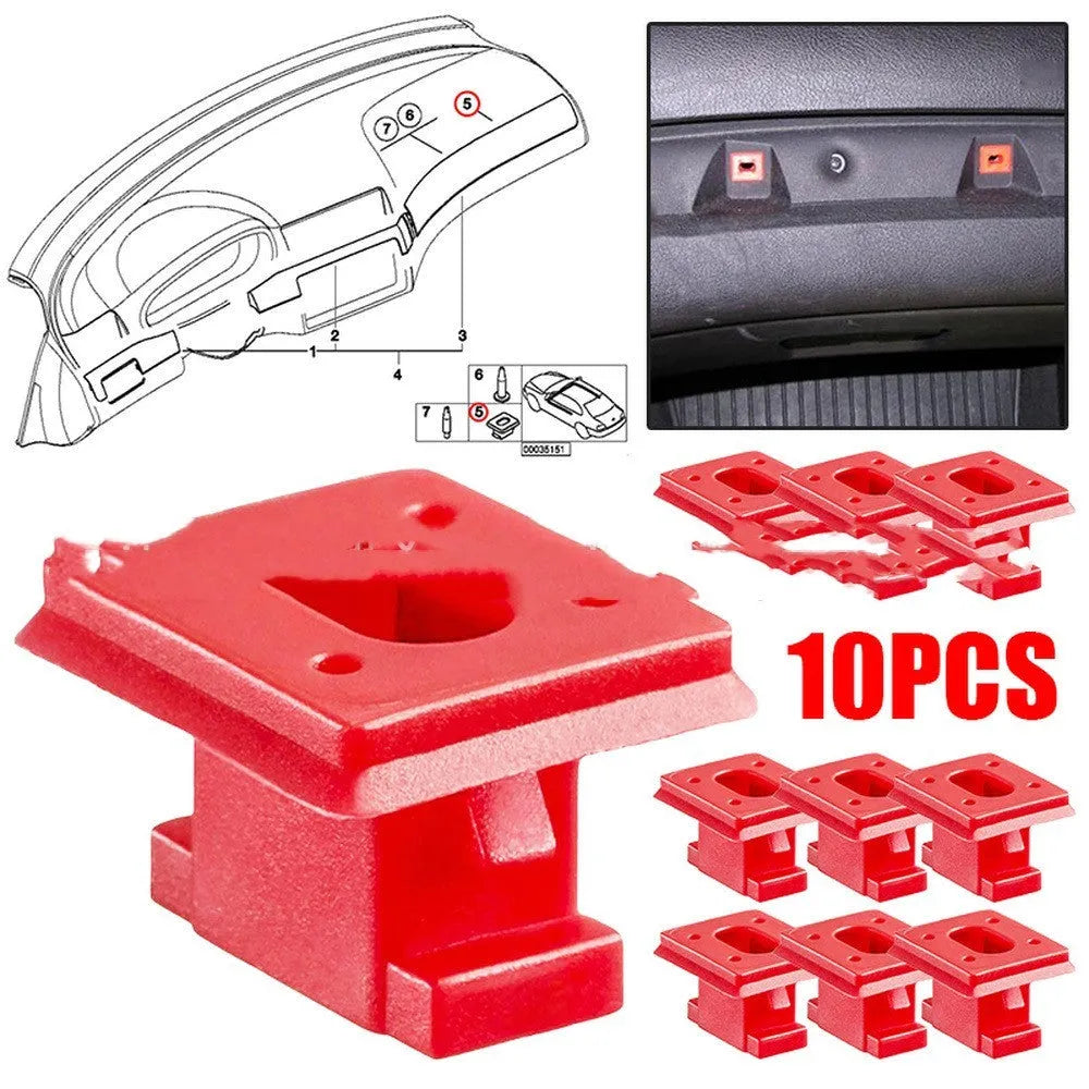 Ten black plastic BMW interior door trim panel clips on a white background