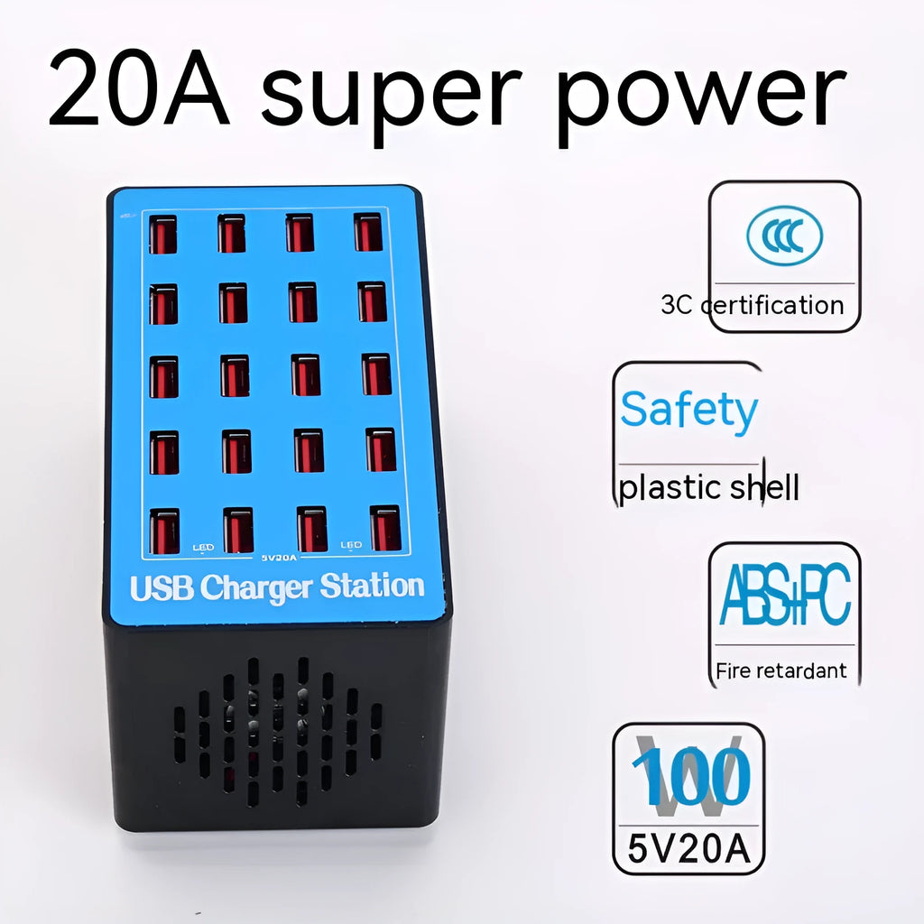 Blue 20-port USB charging station with PC ABS fire retardant housing and 100W total output