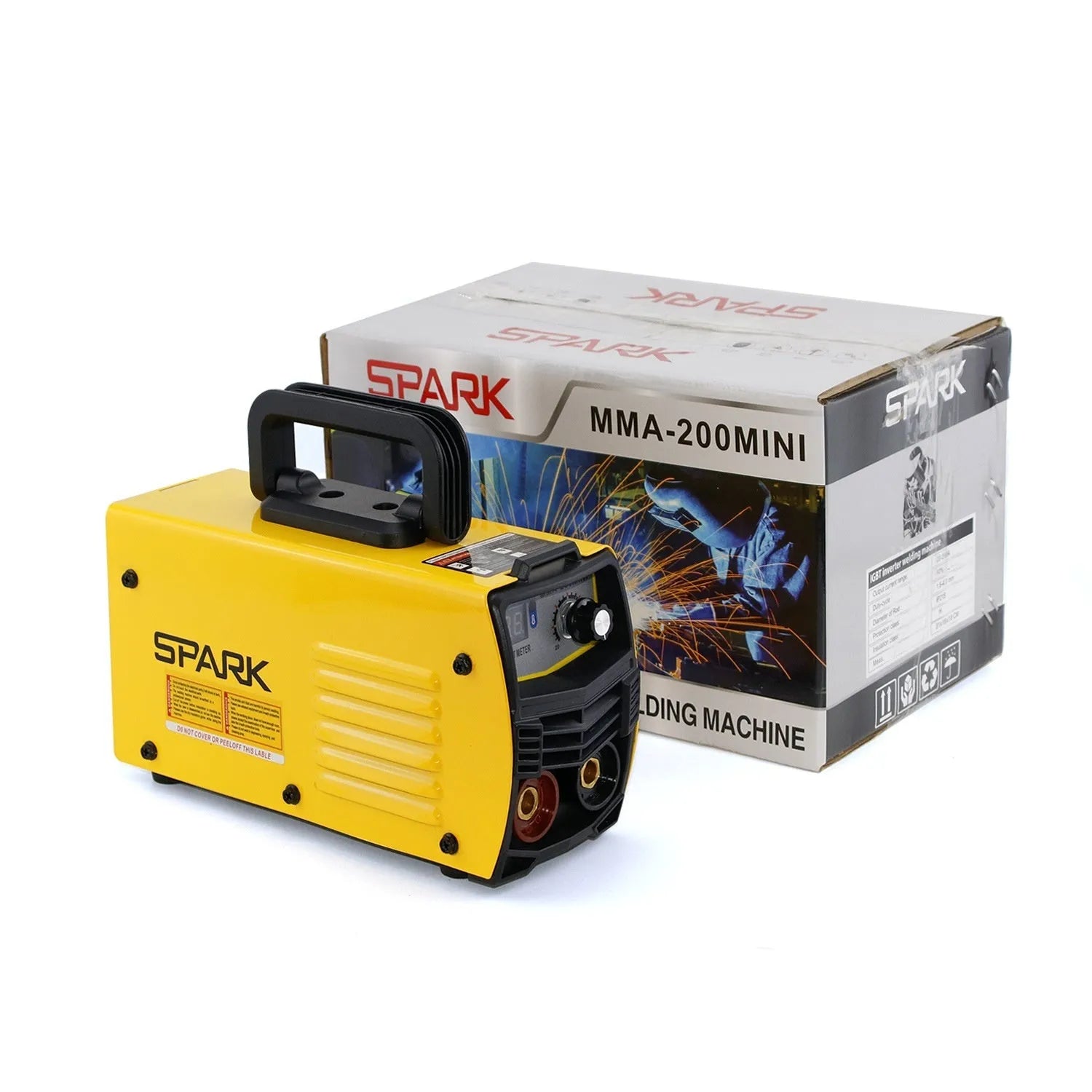 MMA-200MIN portable 220V DC inverter welding machine with welding tongs and face shield.