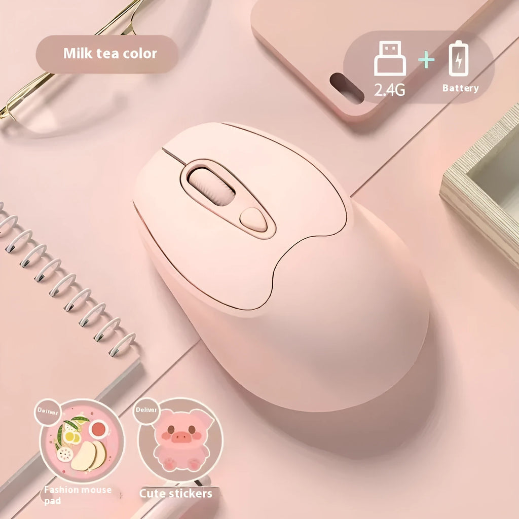 Bluetooth dual-mode wireless mouse in pink, grey, or green with USB charging cable