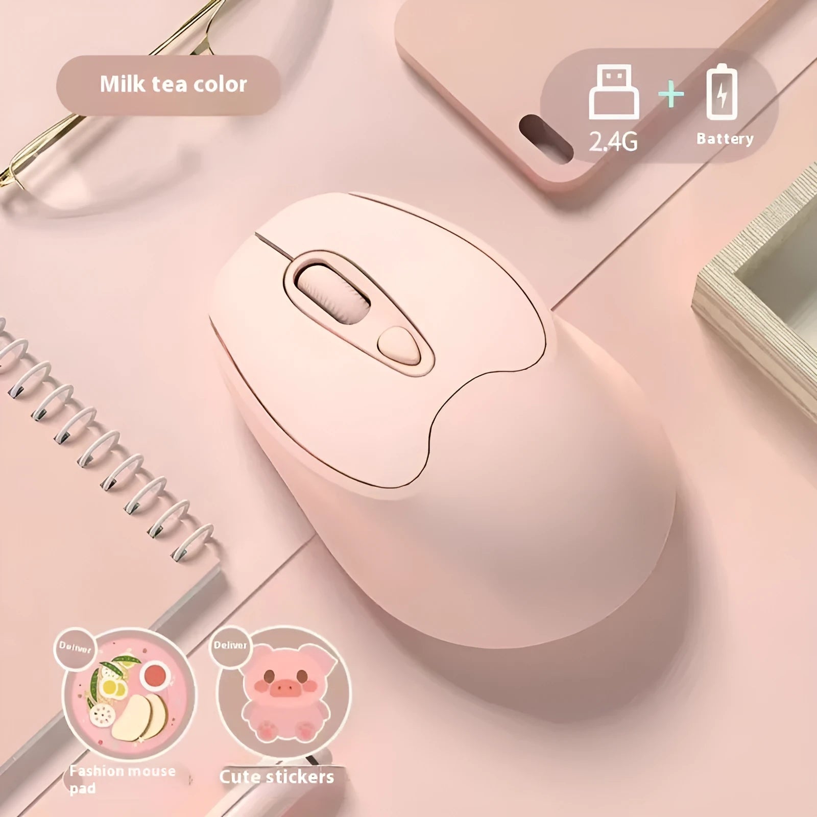 Bluetooth dual-mode wireless mouse in pink, grey, or green with USB charging cable