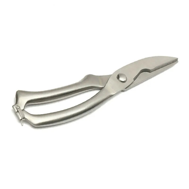 Silver stainless steel poultry shears 9.8 inch with serrated blade and bone notch on cutting board