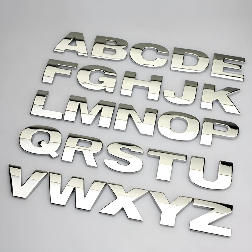 Zinc alloy metal car bumper sticker showing 2.5cm raised English letter design