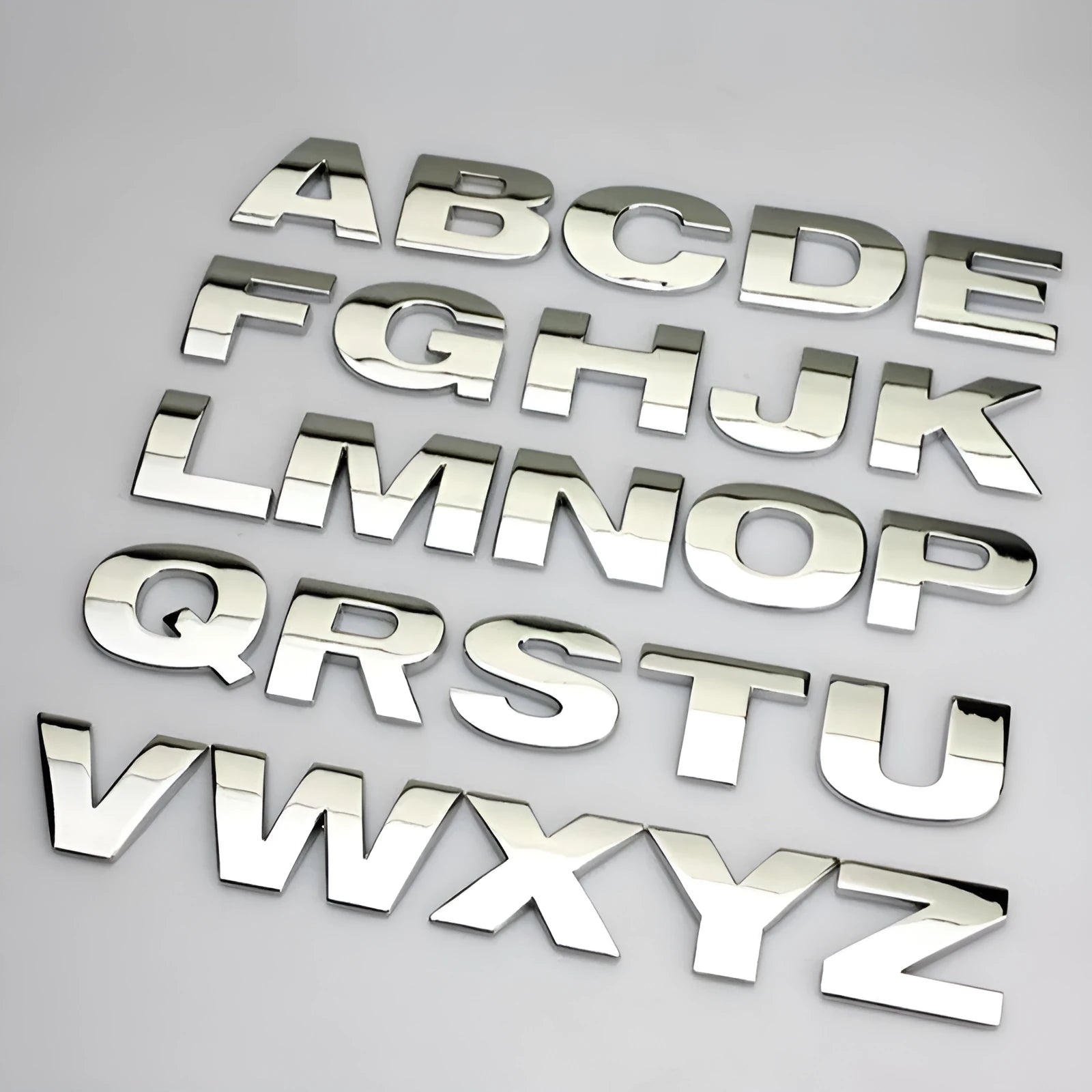 Zinc alloy metal car bumper sticker showing 2.5cm raised English letter design