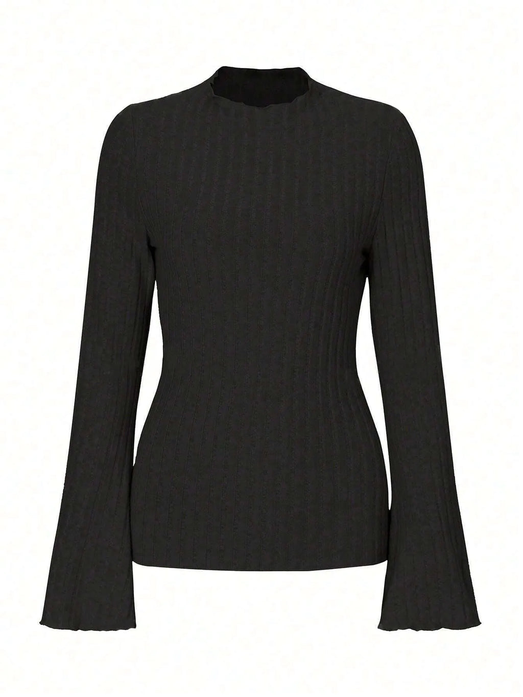 Khaki long sleeve pullover top with a round neck, lantern sleeves, and a brushed sunken stripe texture.