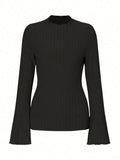 Khaki long sleeve pullover top with a round neck, lantern sleeves, and a brushed sunken stripe texture.