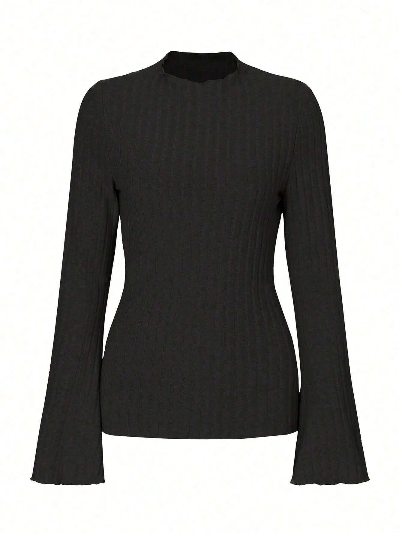 Khaki long sleeve pullover top with a round neck, lantern sleeves, and a brushed sunken stripe texture.