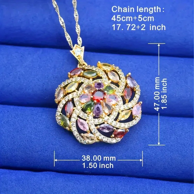 Spiral flower pendant necklace with colour zircon, real gold plating, and copper base