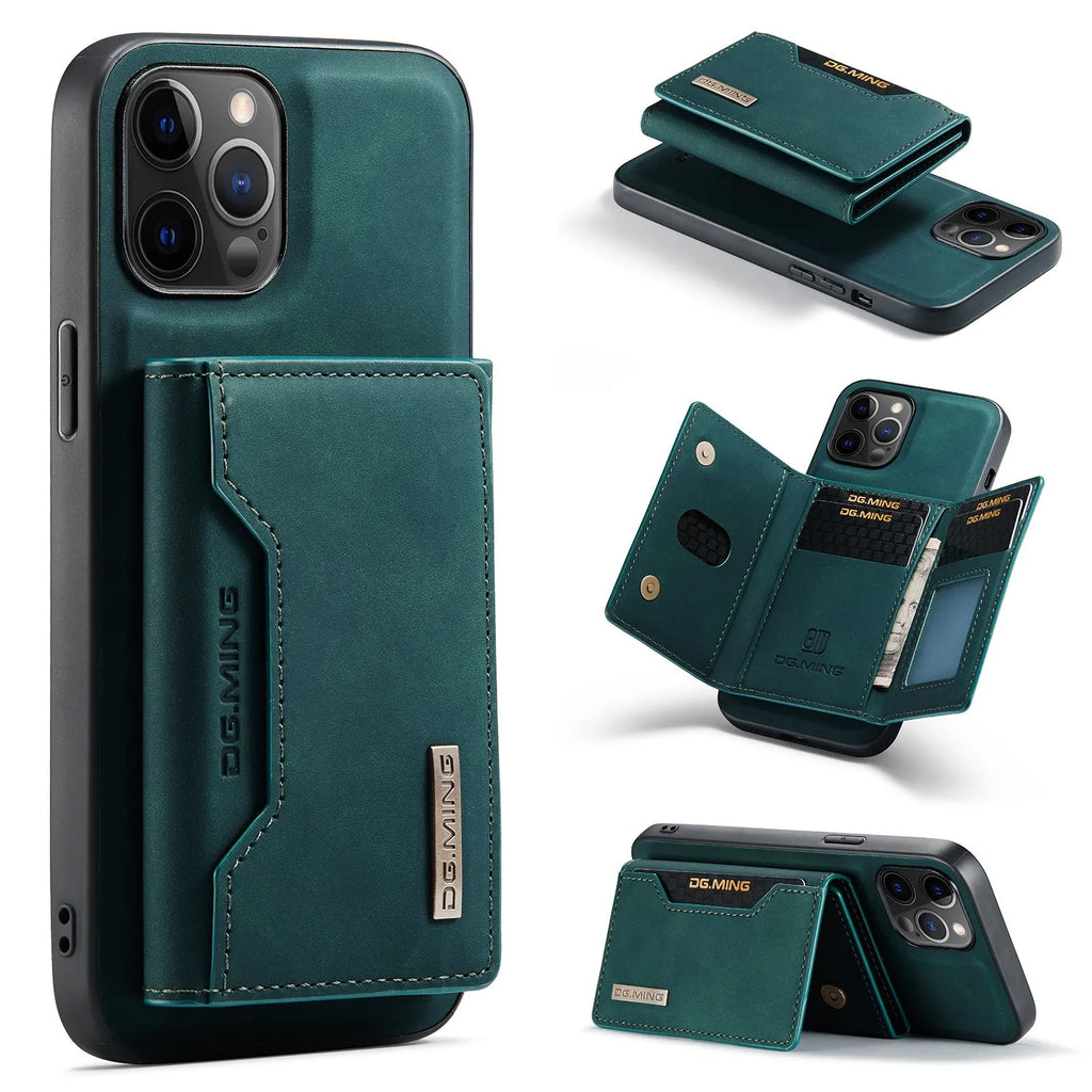 Magnetic card holder phone case for Apple iPhone, PU handmade, combination black colour