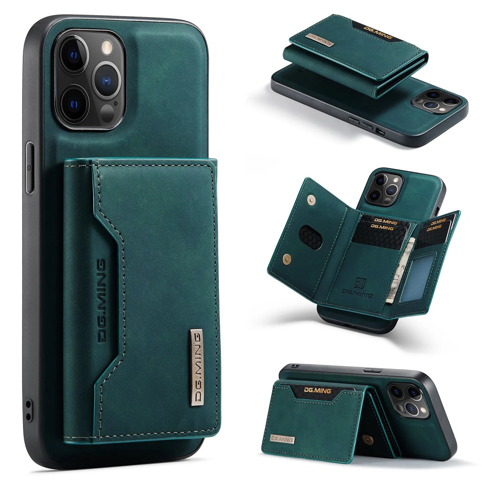 Magnetic card holder phone case for Apple iPhone, PU handmade, combination black colour