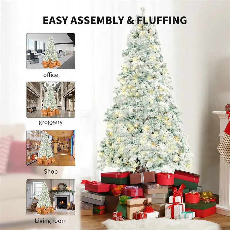 Green and white PVC artificial snow Christmas tree with metal stand in 150cm, 180cm, and 230cm sizes.