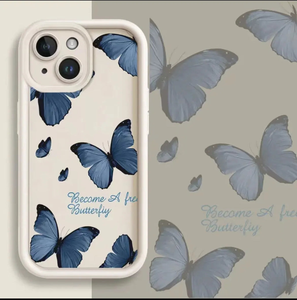 Blue butterfly printed edge drop-resistant TPU phone case for Apple iPhone in black