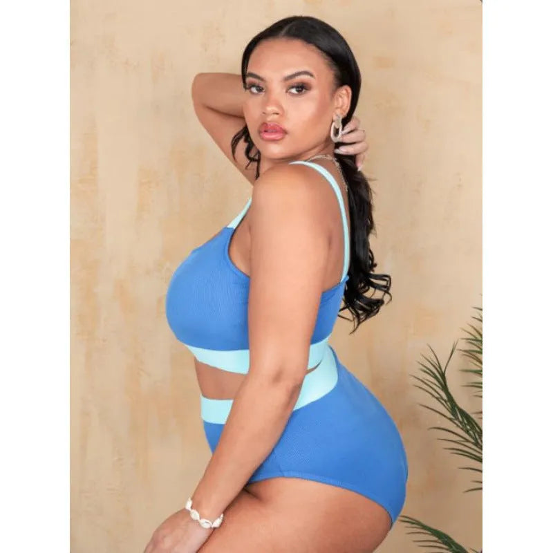 Women's polyester high-waist bikini swimsuit with split-leg briefs in solid colour