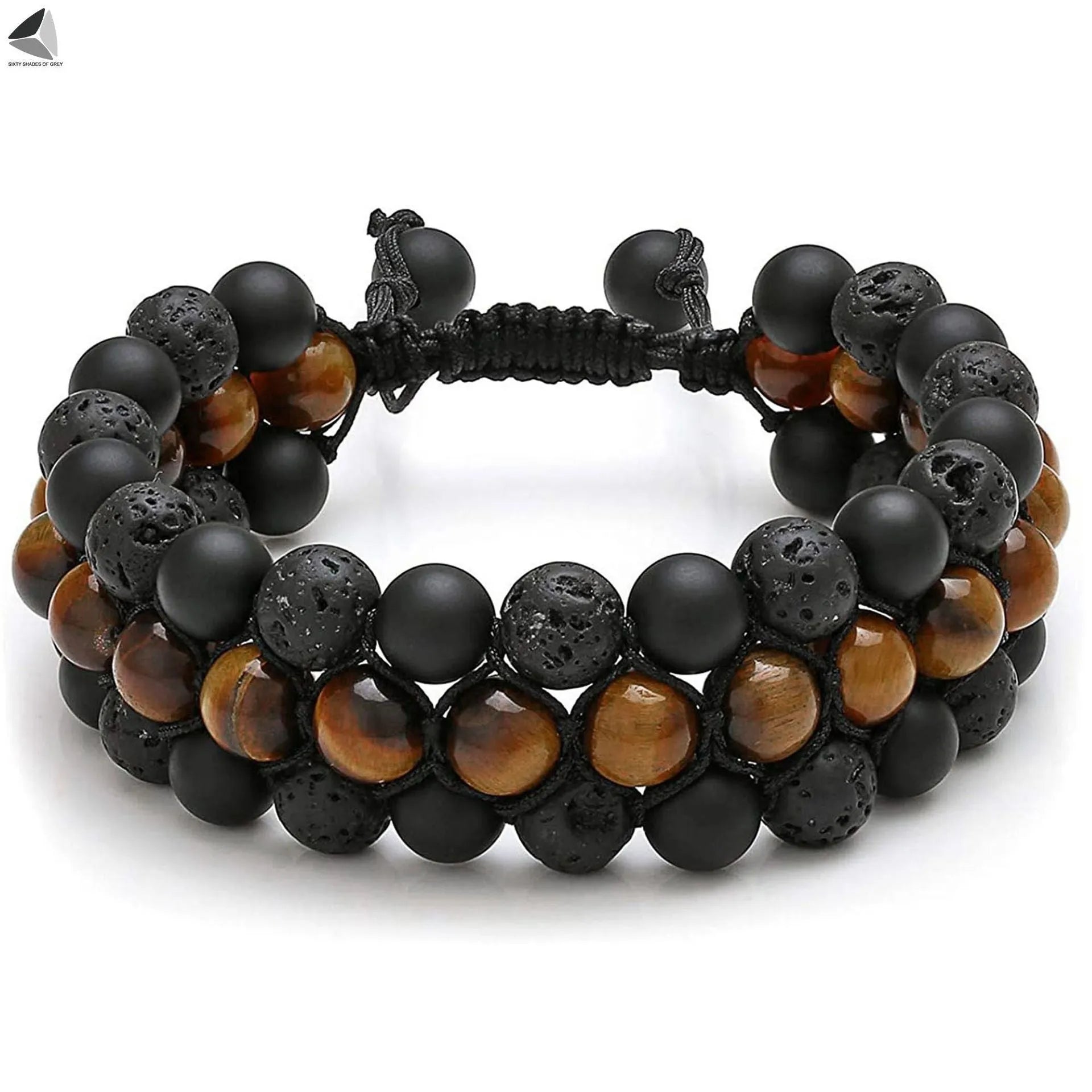 A unisex Tiger's Eye gemstone bead bracelet with alloy details and auspicious elephant charms.