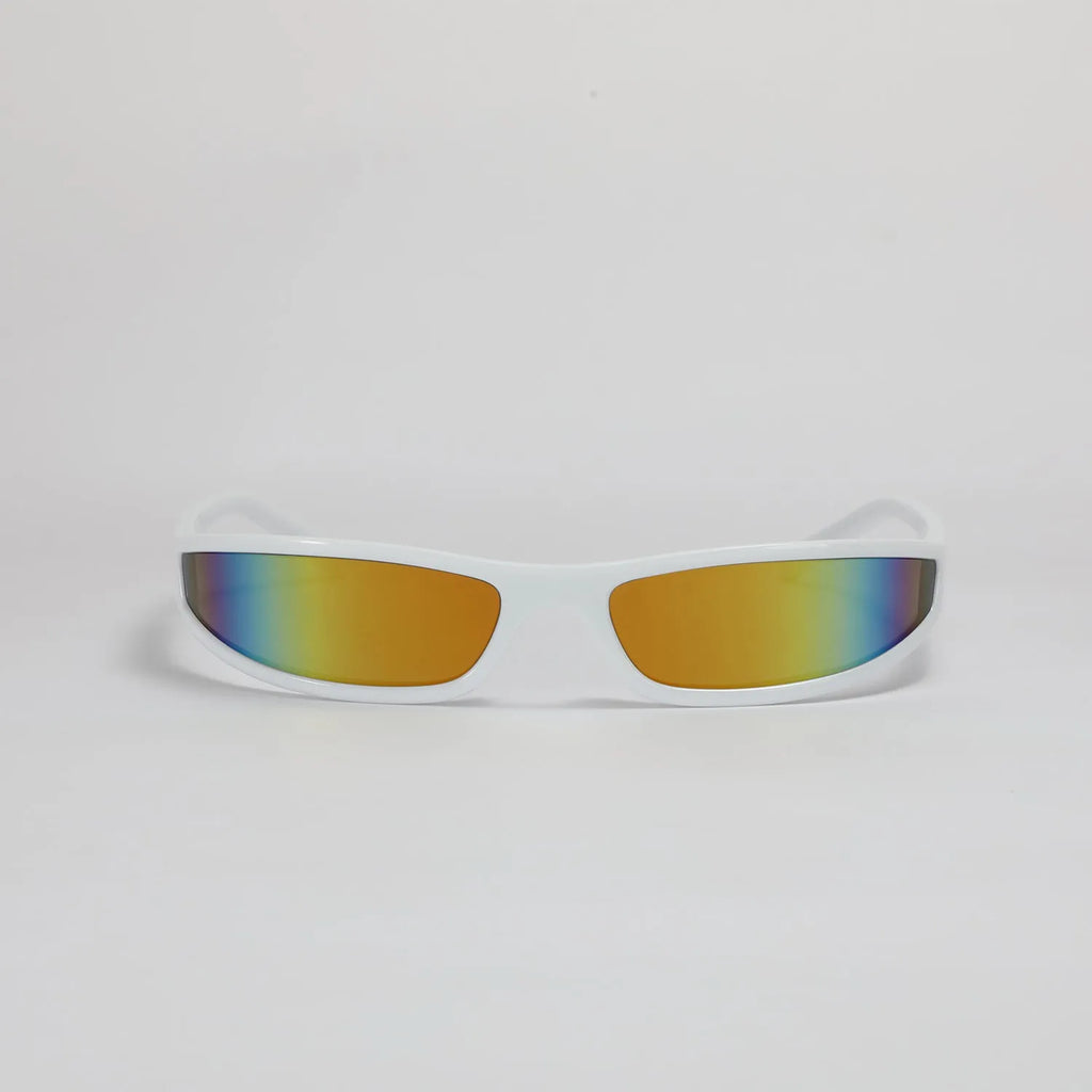 Narrow frame sunglasses with mercury finish in bright black and gray colour, showing future style design with slim profile