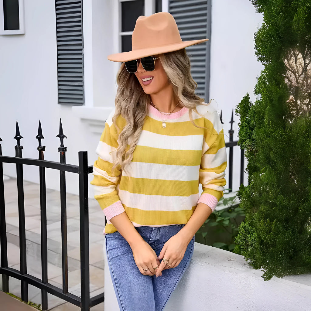 Women's loose fit long sleeve acrylic sweater with floral stripes or plaid pattern in blue colour