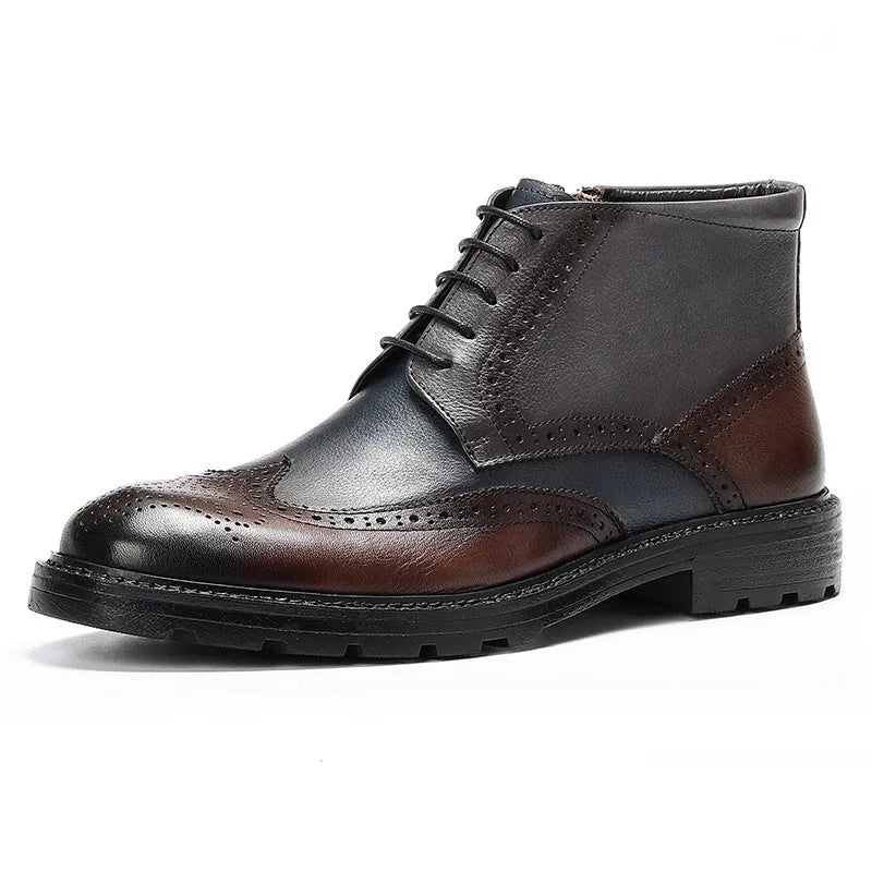 Men's curry blue leather brogue ankle boots with vintage carved stitching and front lacing.