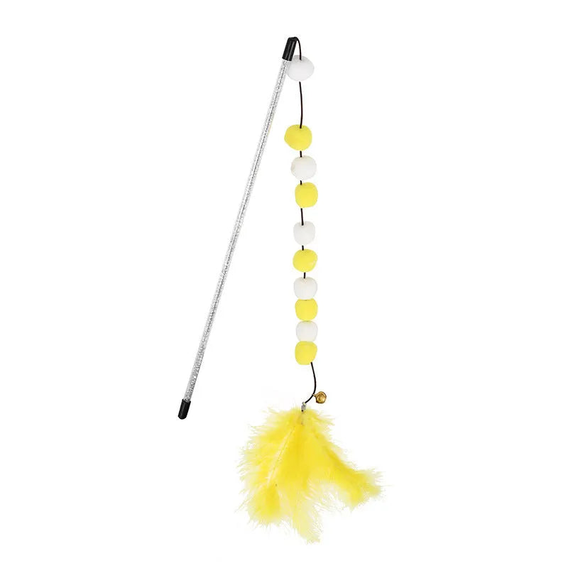 A 31cm long cat teaser toy stick with a colourful pompon, feathers, and a bell.