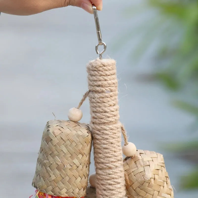 35cm colourful shredded paper bird toy hanging with wood and sisal construction for parrot cages
