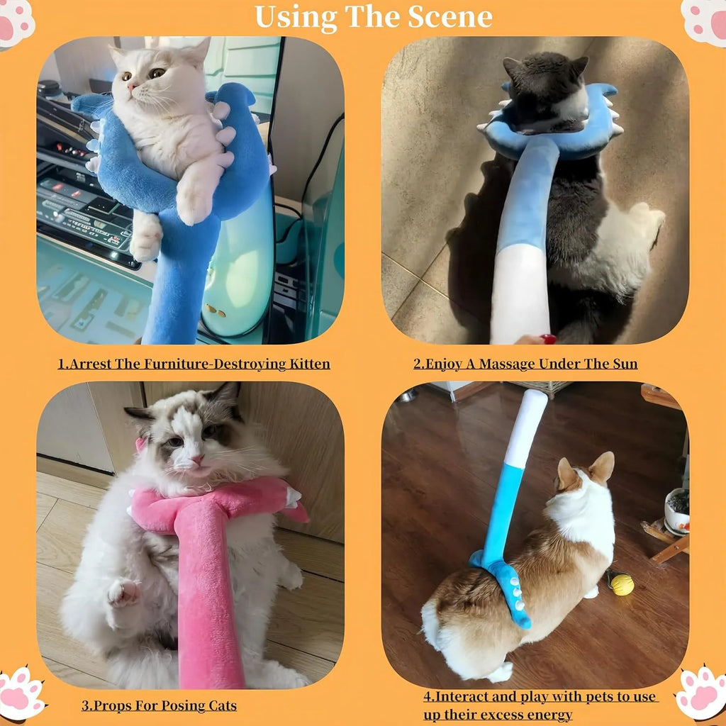 Blue plush cat wand toy with a soft head on a 70cm long stick for interactive pet play.
