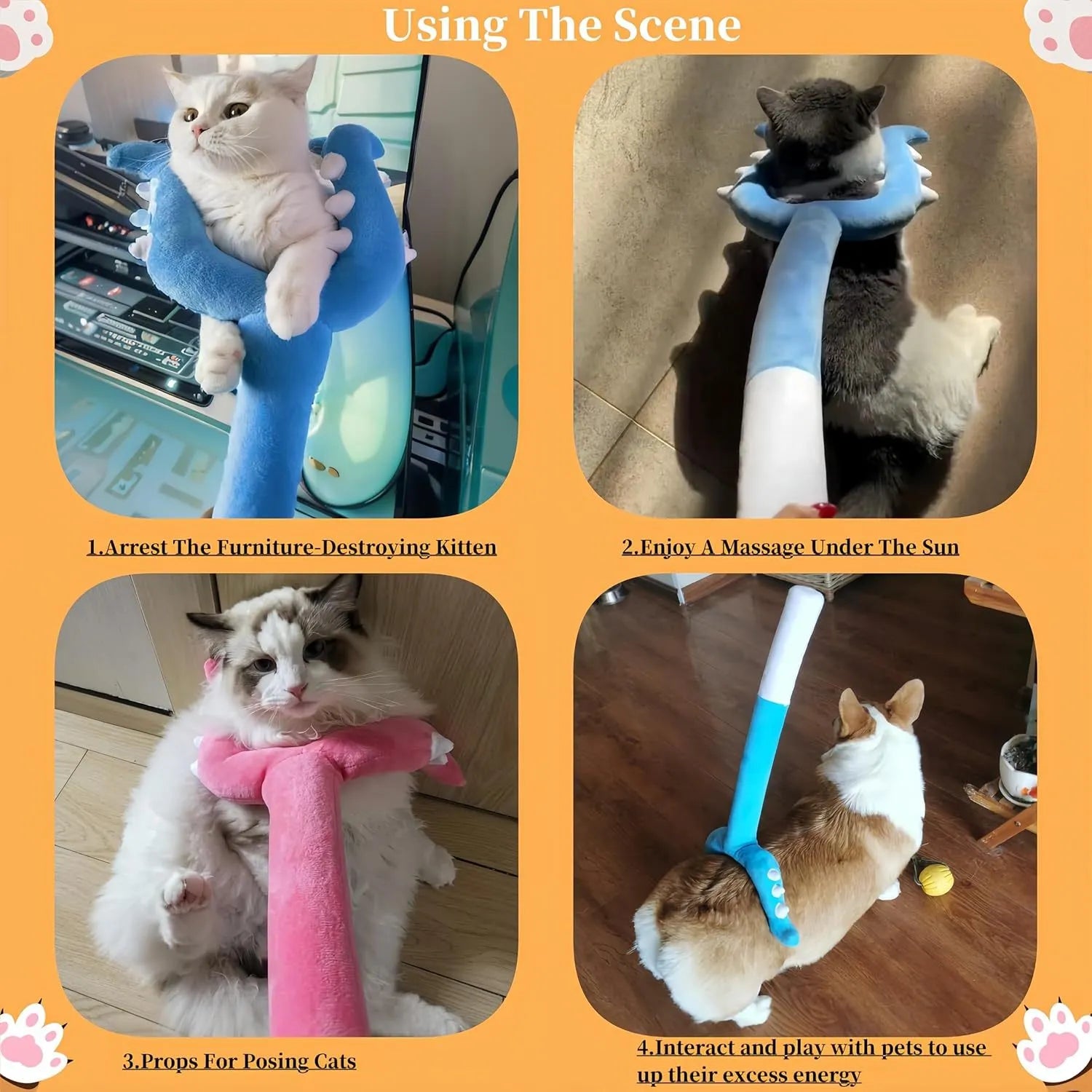 Blue plush cat wand toy with a soft head on a 70cm long stick for interactive pet play.