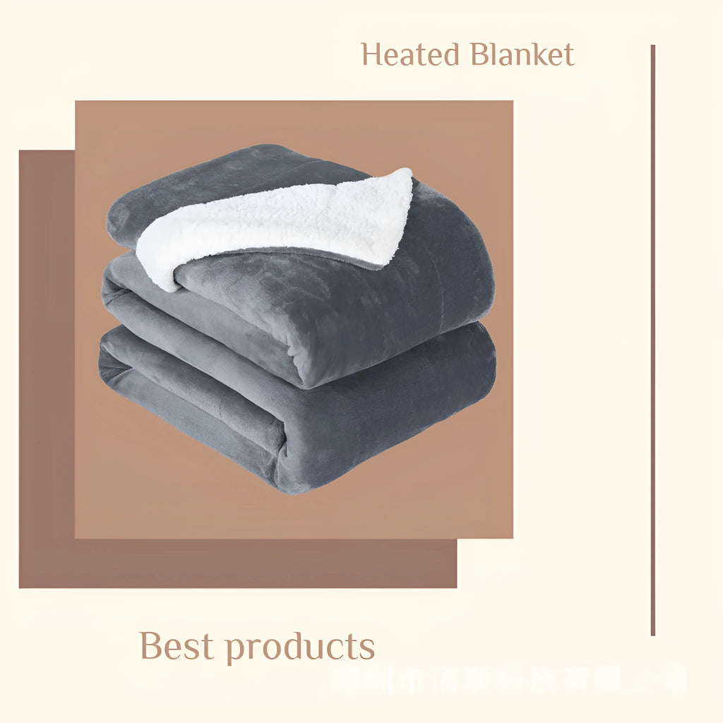 Grey and white USB-powered flannel electric heating blanket laid flat.