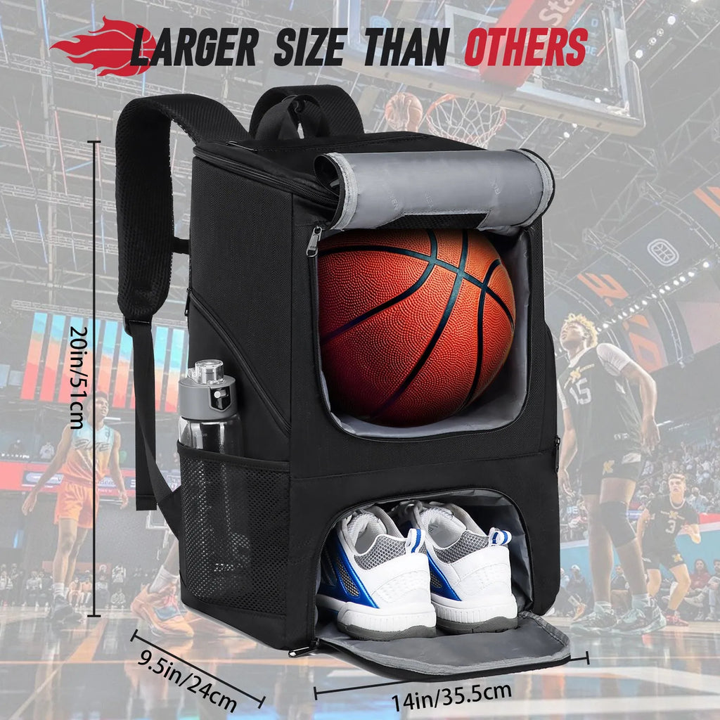 Black oxford cloth basketball training backpack with large main compartment.