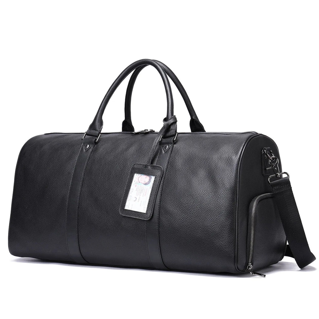 Men's black leather excursion bag showing single strap and large capacity design