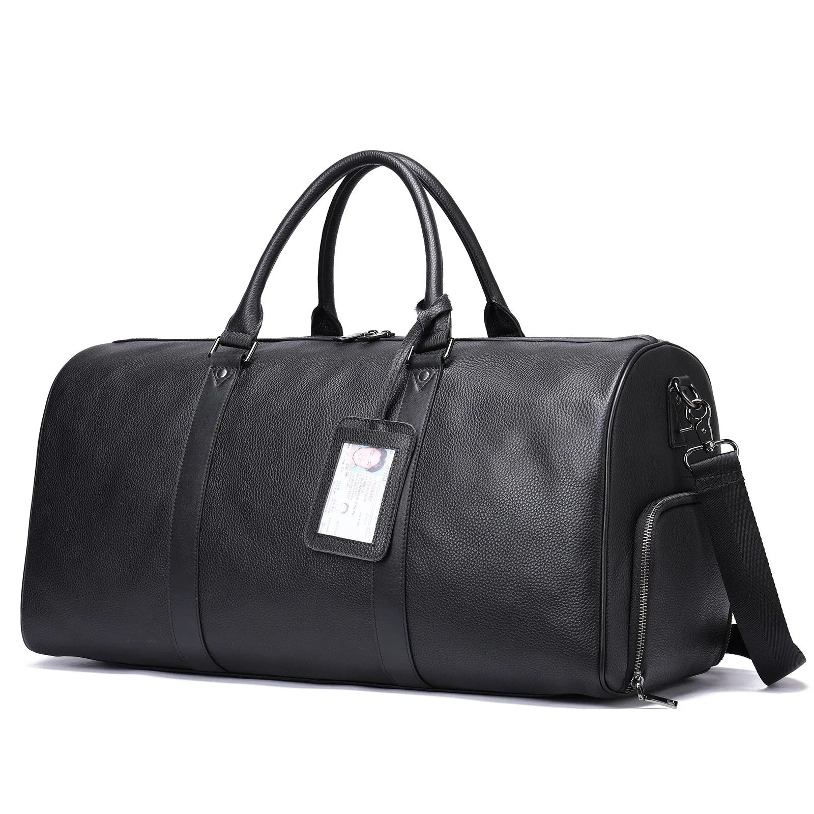 Men's black leather excursion bag showing single strap and large capacity design