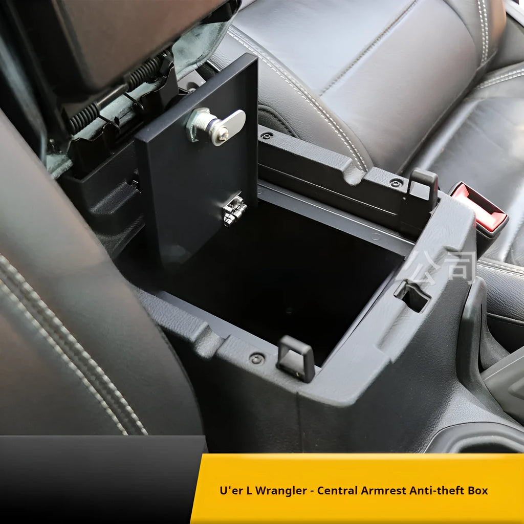 Black metal center console anti-theft box for armrest storage inside car, pressure resistant.