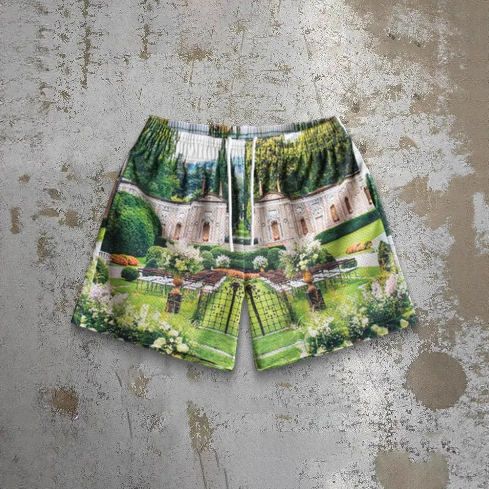Men's quick-drying beach shorts in digital print polyester fabric with elastic waistband
