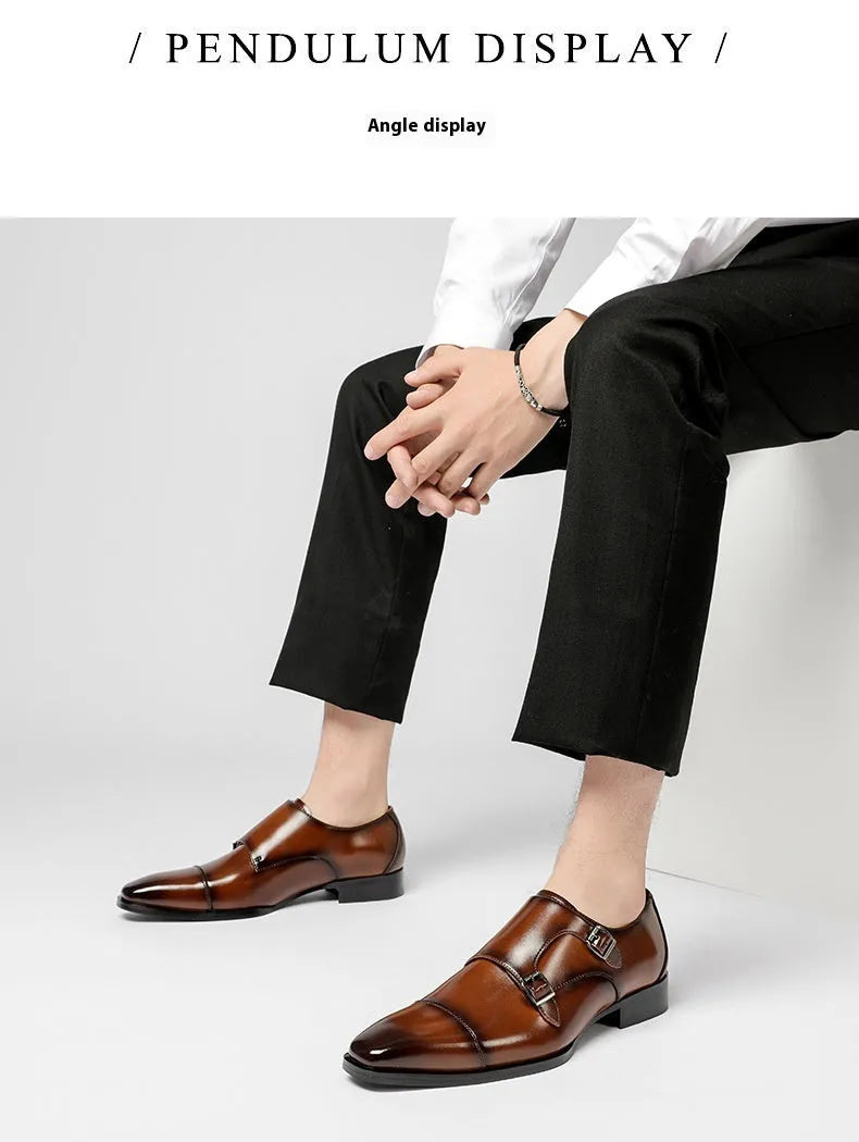 Men's black leather shoes with square toe design and low-top height for business formal wear