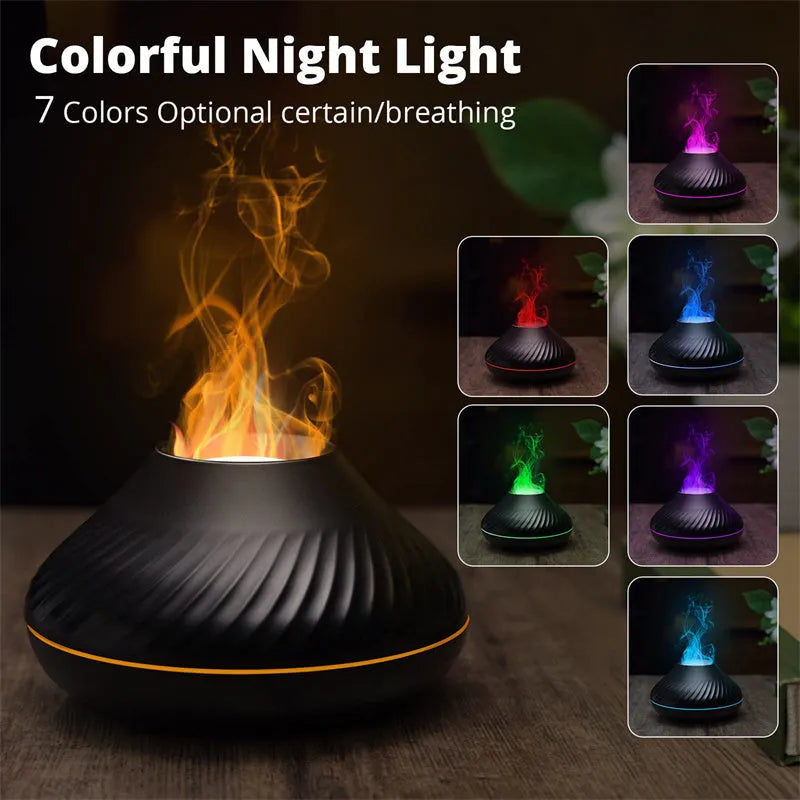 Beige and black aroma diffuser with LED flame lighting and 130ml water capacity