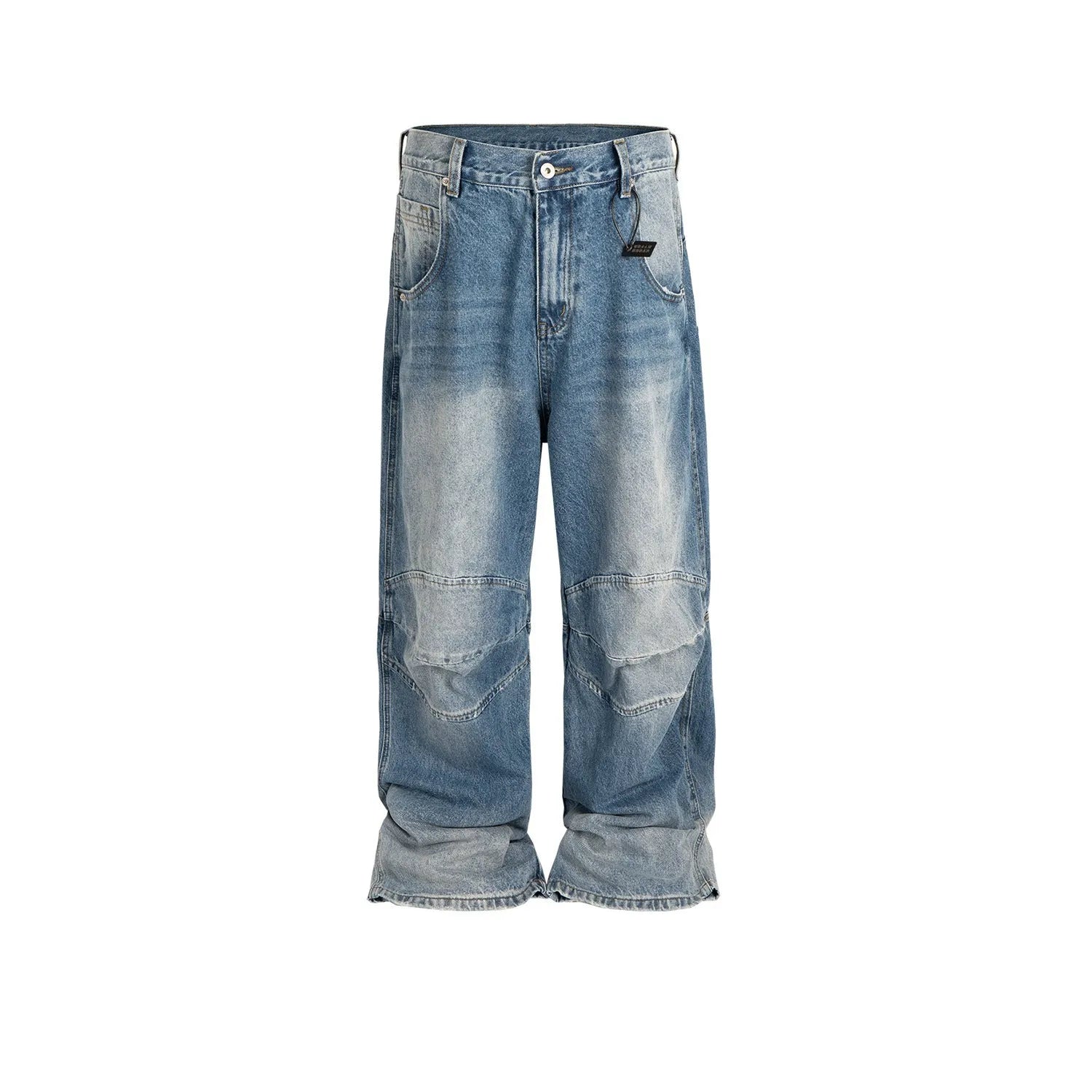 Men's blue white washed denim jeans with baggy cut and straight-leg design showing profile pleating details