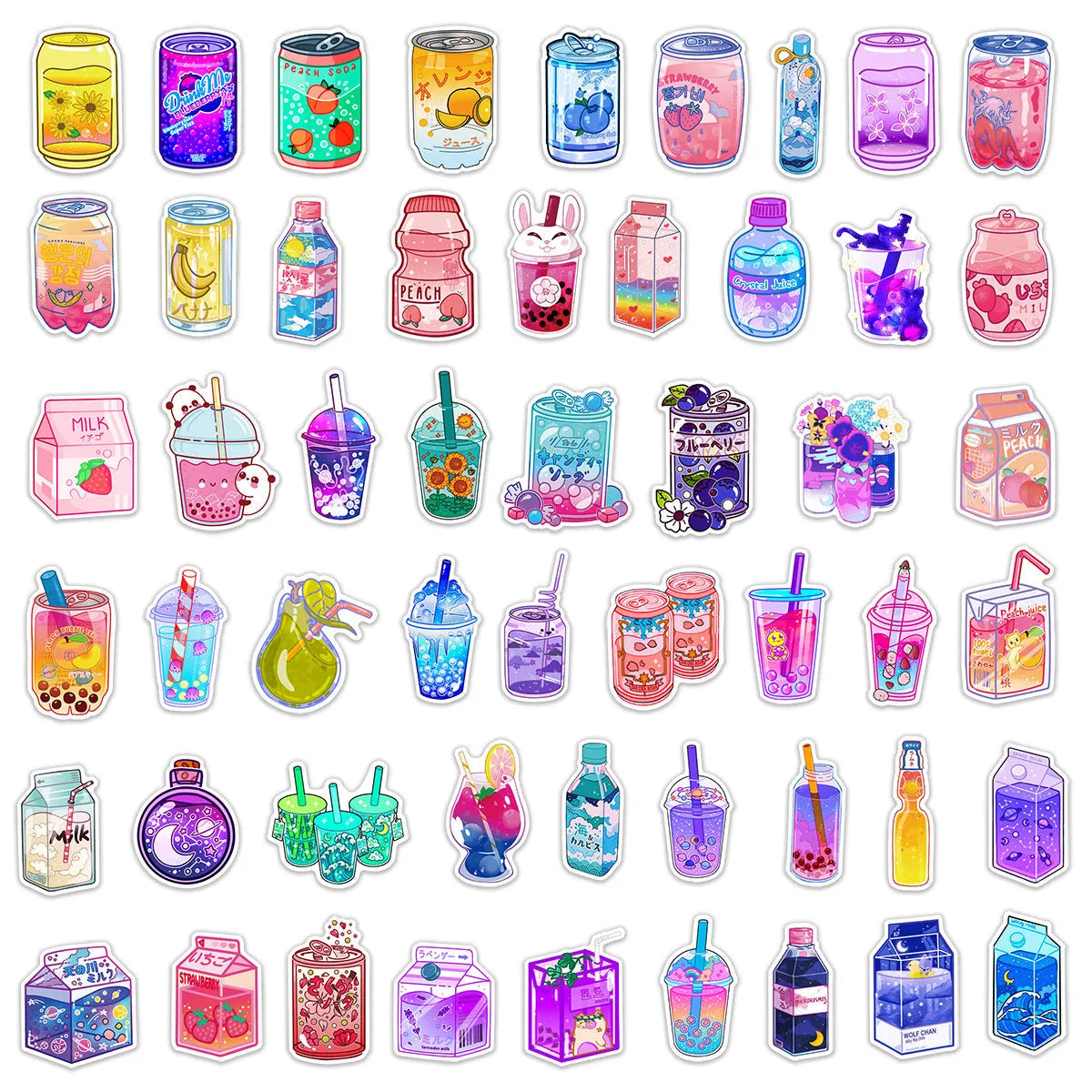 Cartoon drink graffiti stickers, 50 pack PVC adhesive, 4-8cm, in OPP bag, colour A
