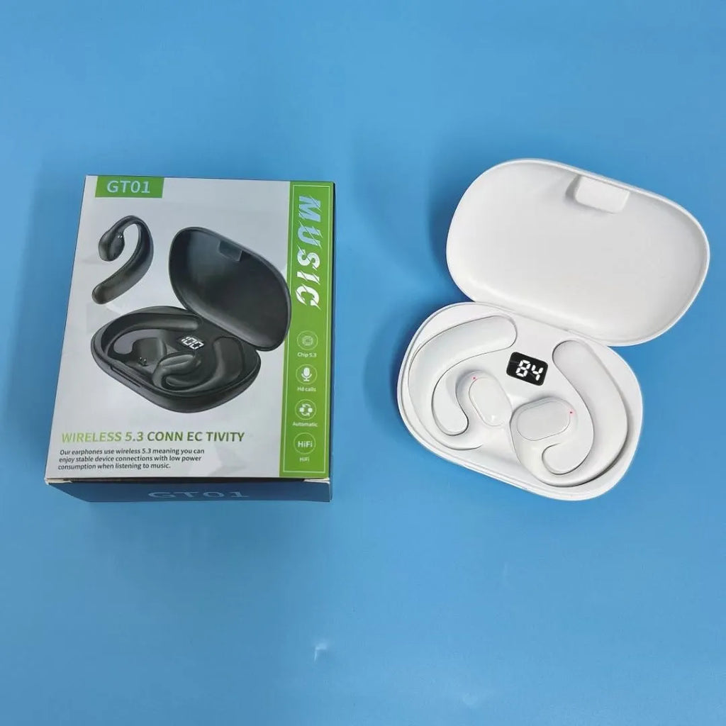 Black and white ear-mounted Bluetooth headset with digital display screen.
