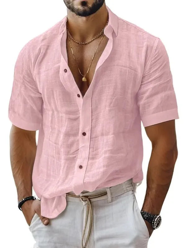 Men's short sleeve lapel shirt in cotton-linen blend with cardigan style open front