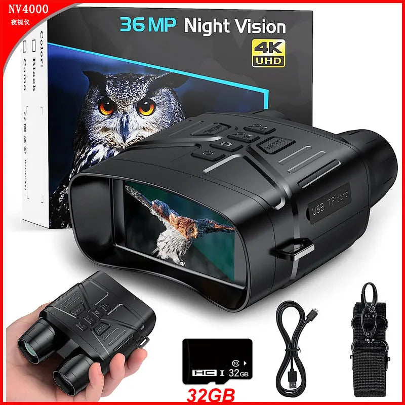 Black 4K night vision monocular with LCD screen showing night vision display