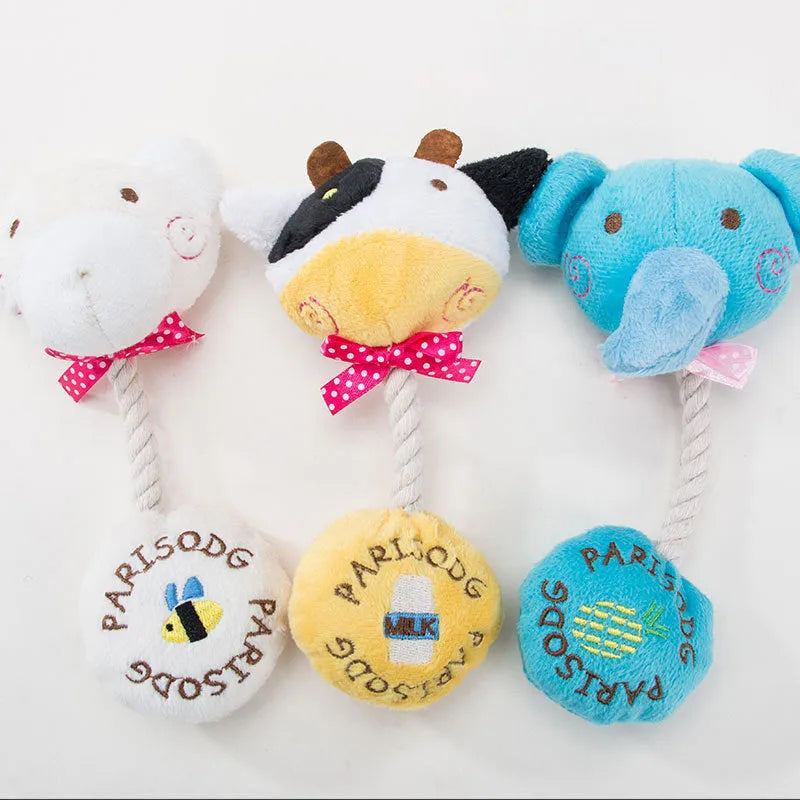 Animal plush squeaker dog toy with cotton rope sections in frog elephant cow bear designs