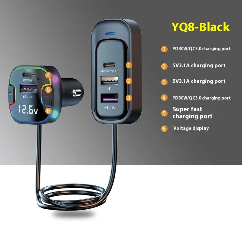 YQ8-Black car charger with five USB ports for simultaneous device charging