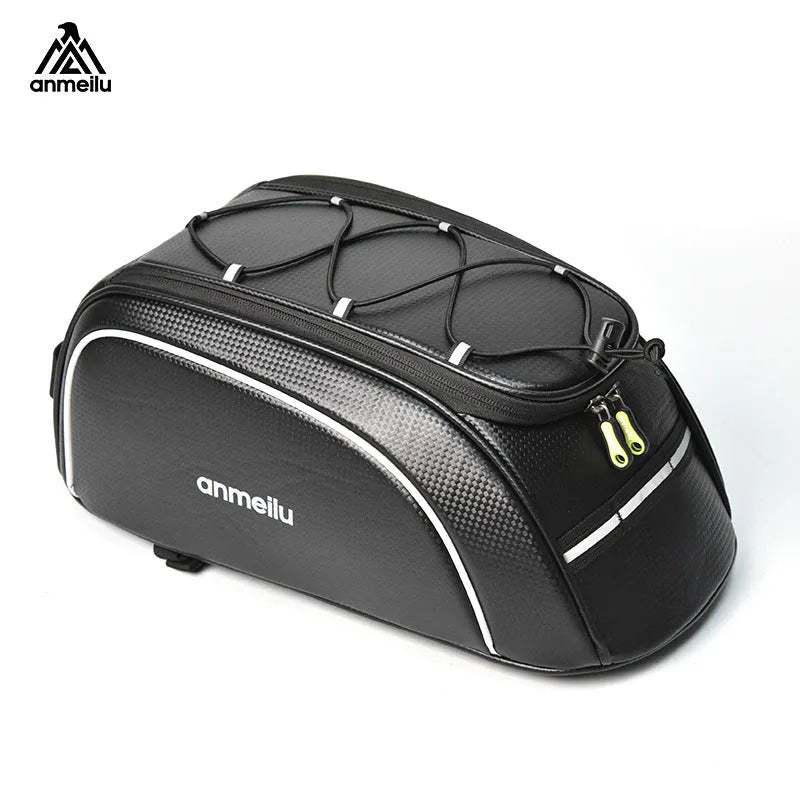 Waterproof black bicycle rear rack bag with 8L capacity mounted on bike