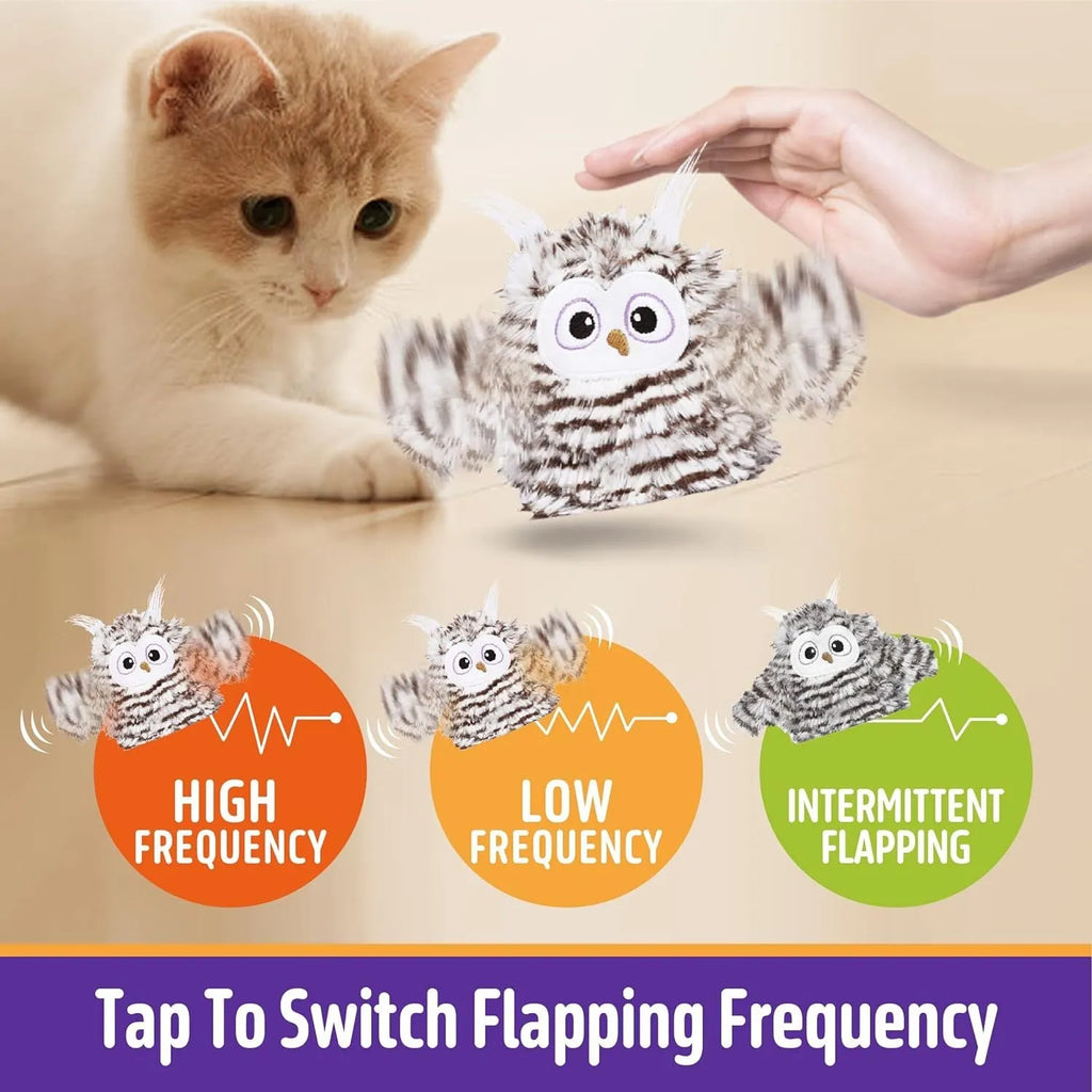 Grey automatic owl cat toy with flapping wings on a plain background