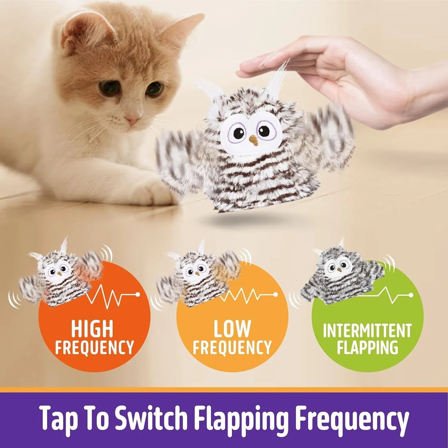 Grey automatic owl cat toy with flapping wings on a plain background