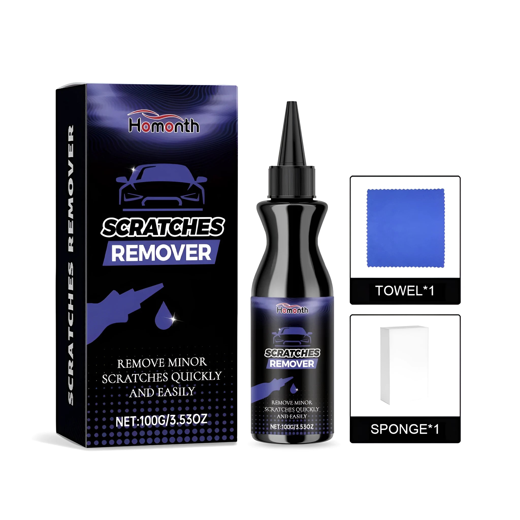 Car paint scratch care kit with 100g paste tube, sponge, and microfibre towel for DIY scratch removal
