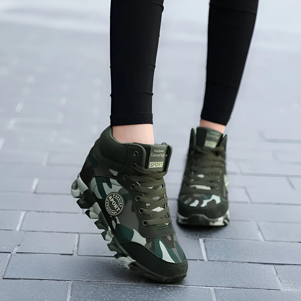 Women's green camouflage canvas sneakers with rubber soles