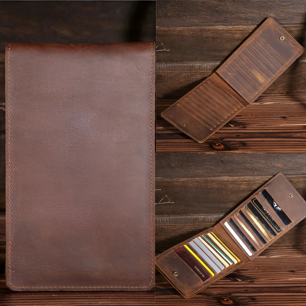 Men's long leather wallet open showing 18 card slots, cash compartment, and phone pocket.