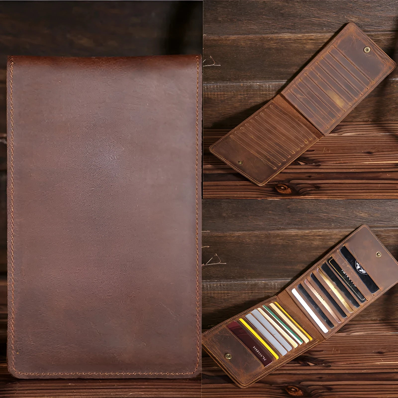 Men's long leather wallet open showing 18 card slots, cash compartment, and phone pocket.