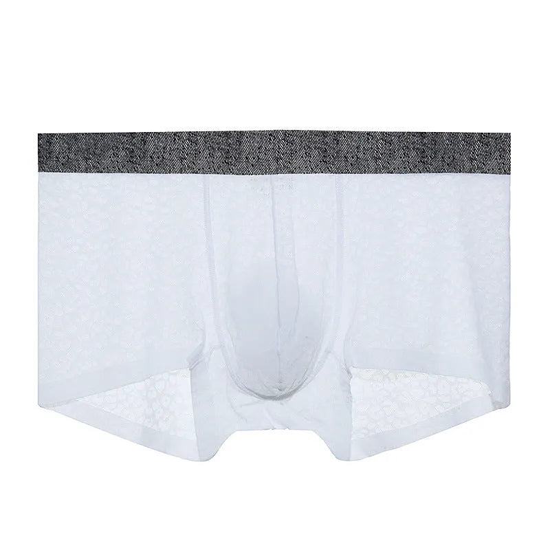 Men's seamless lace boxer briefs in Jacquard weave polyester fabric showing low waist design