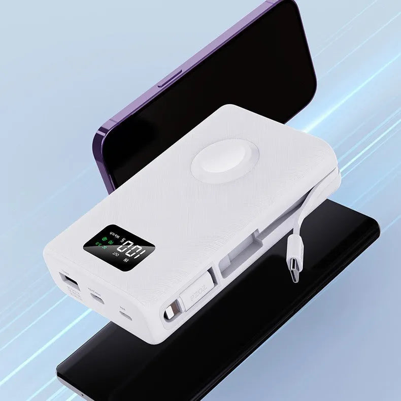 White and black 20000mAh 7-in-1 wireless charger with power bank bracket showing display screen and charging ports