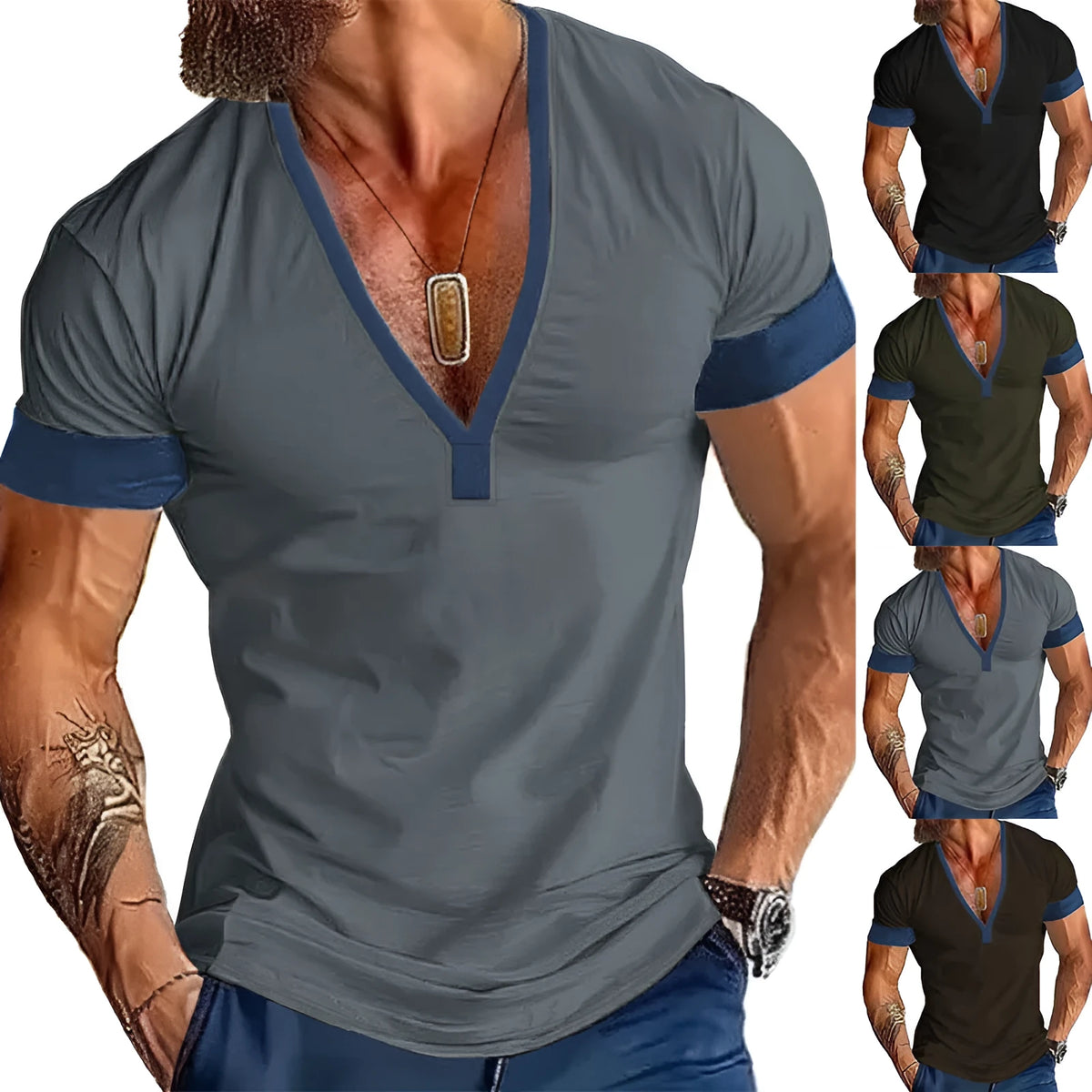 Men's short sleeve V-neck striped T-shirt top in loose polyester, available in four colours and sizes S to XXXL